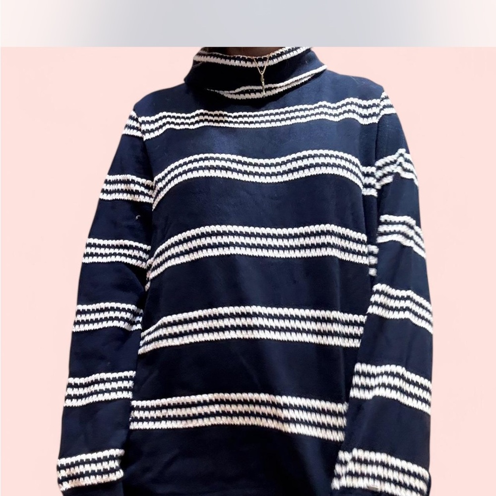 Blue and White Striped Cowl Neck Sweater